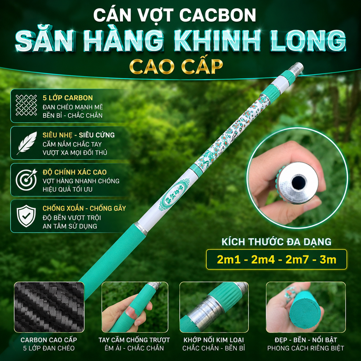 Cán Vợt Cacbon Săn Hàng Khinh Long 2m1– PK62 Cán Vợt Cacbon Săn Hàng Khinh Long 2m1– PK62