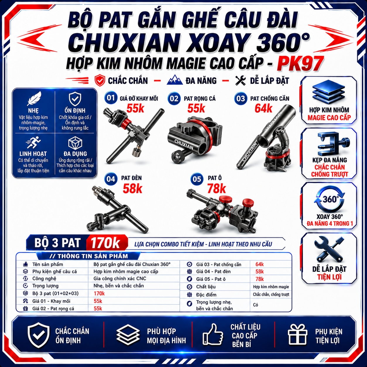 BỘ PAT GẮN GHẾ CÂU ĐÀI CHÍNH HÃNG CHUIXIAN PK97 (KHÔNG HỘP) BỘ PAT GẮN GHẾ CÂU ĐÀI CHÍNH HÃNG CHUIXIAN PK97 (KHÔNG HỘP)